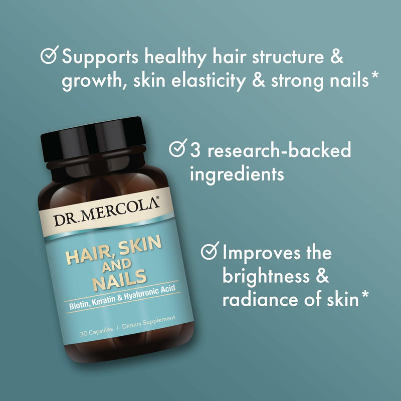Dr. Mercola Hair, Skin and Nails, 30 Capsules (30 Servings) | Provides Biotin, Keratin, and Hyaluronic Acid, Premium Quality, Supports Healthy Aging, Non-GMO, Gluten-Free, and Soy-Free 30 Count (Pack of 1)