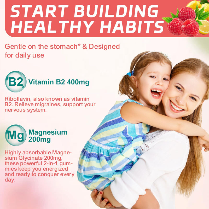 Vitamin B2 Gummies - Riboflavin 400mg Supplement with Magnesium for Adults | B2 Gummies for Migraine Relief* & Nervous System Support* | Vegan, Sugar-Free | Raspberry-Lemon Flavor | 60 Count 60 Count (Pack of 1)