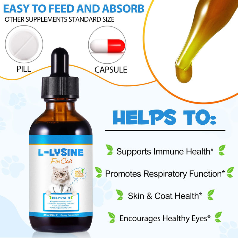 L-Lysine for Cats, Natural L-Lysine Supplement Supports Immune Health, Respiratory Function, Skin Care and Bright Eyes Cat Drops, Chicken Flavor, 2 Fl Oz