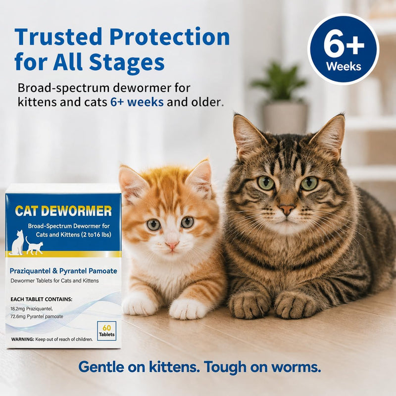 Cat Dewormer Tablet for Cats & Kittens – Praziquantel & Pyrantel Pamoate, Broad Spectrum Dewormer for Tapeworms, Roundworms & Hookworms, 60 Tablets