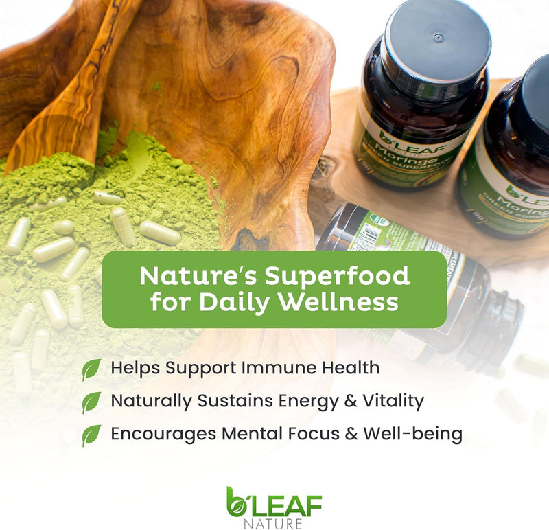 B'LEAF NATURE 2-Pak Moringa Oleifera Capsules, 1000mg, 360 Count | Moringa Powder, Pure Moringa Leaf, Energy Natural Wellness & Immune Support, Vegan, Non-GMO 180 Count (Pack of 2)