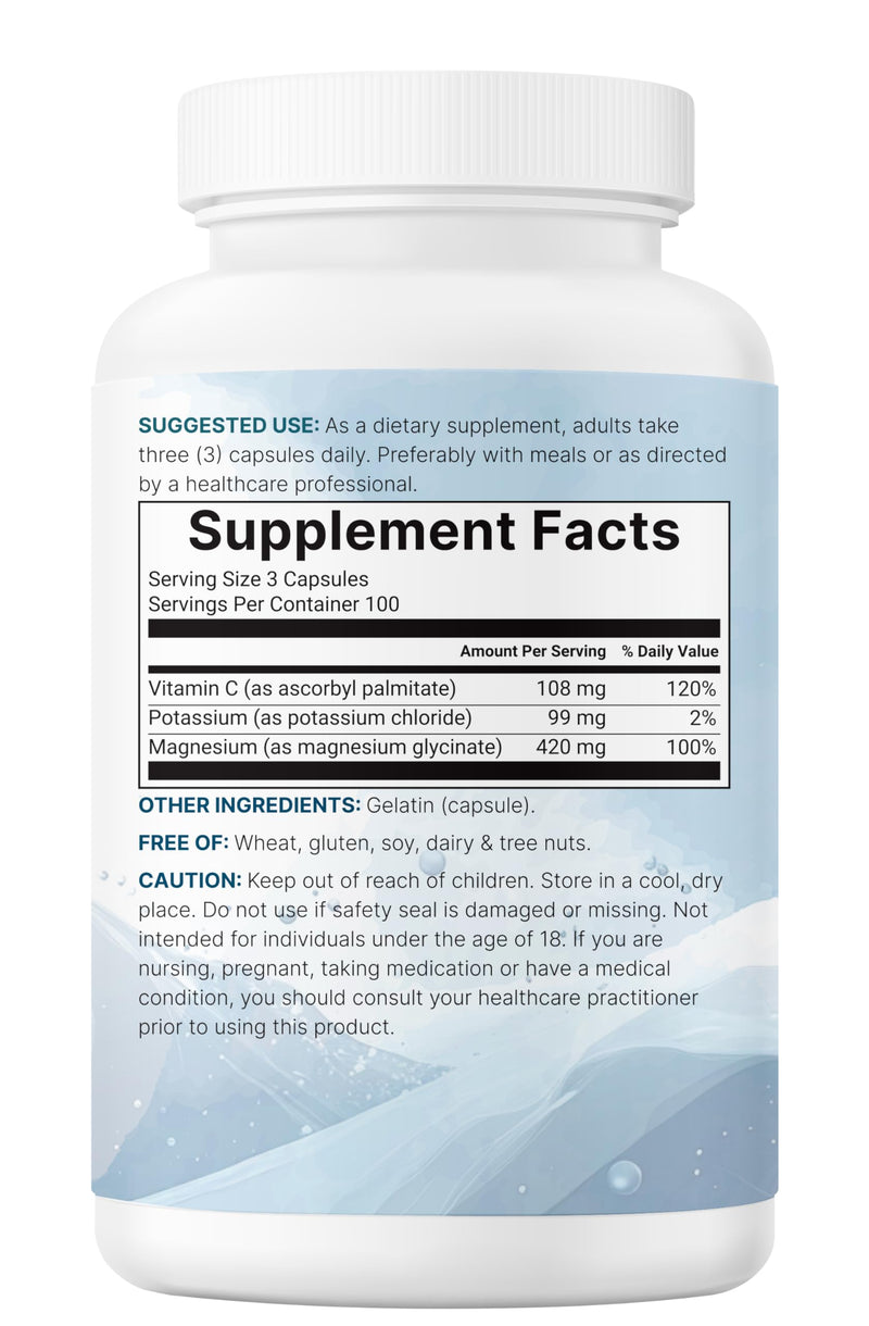 ﻿Pure Potassium Supplement with Magnesium Glycinate, 300 Capsules | Enhanced with Fat-Soluble Vitamin C | Chloride + Glycinate Mineral Electrolyte Complex | Only Active Ingredients | Filler Free