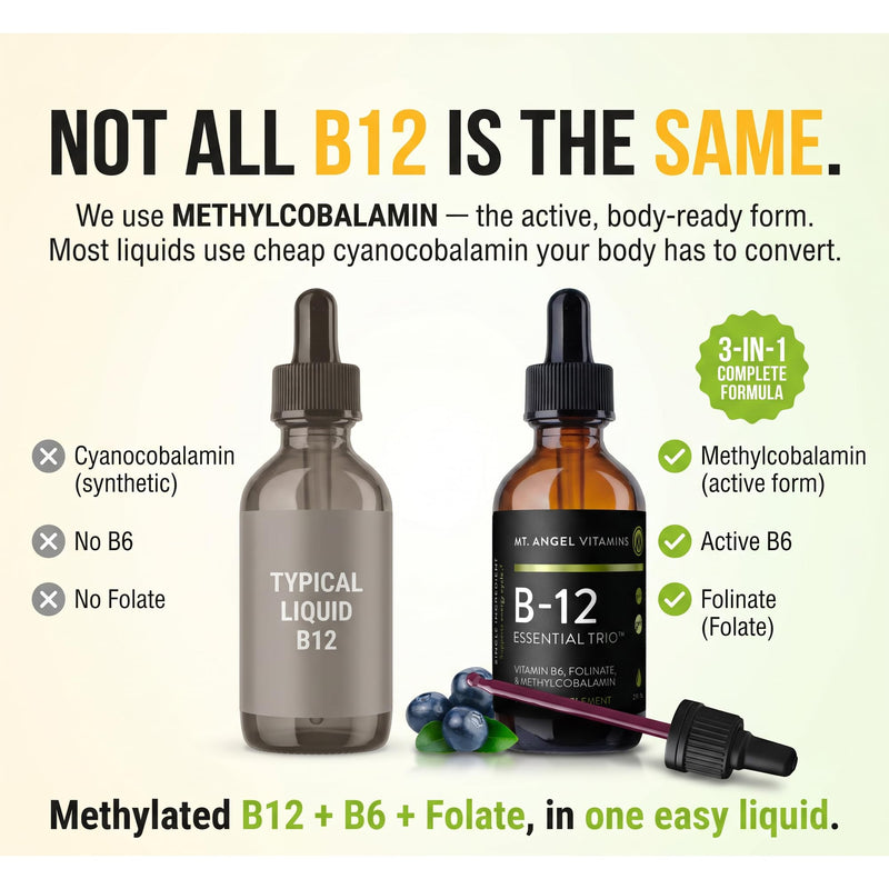Mt. Angel Vitamins - B12 Essential Trio - Vegan Sublingual Drops with High-Potency Methyl B12, B6 & Folate - Easy Absorption Liquid - Non-GMO, Made in USA 2 Fl Oz (Pack of 1)