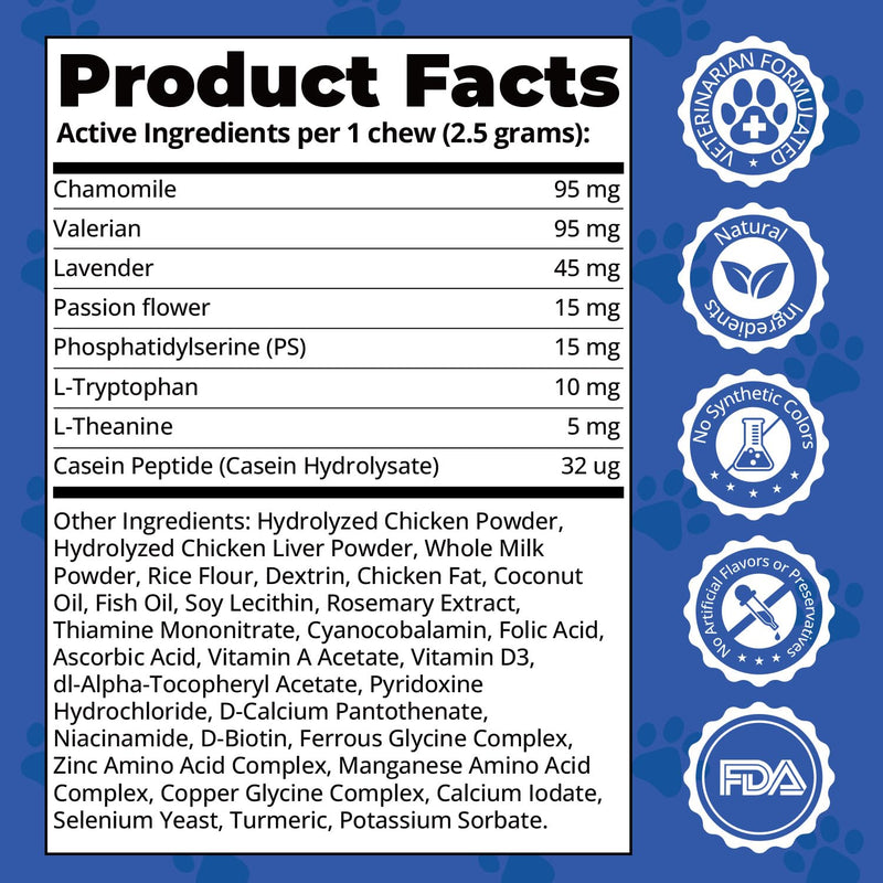 Calming Chews for Dogs L-Theanine L-Tryptophan Phosphatidylserine Valerian Chamomile Passion Flower Non-Sedating Relaxation Support All Breeds Puppy Adult Senior Chicken Flavor 120 Soft Chews