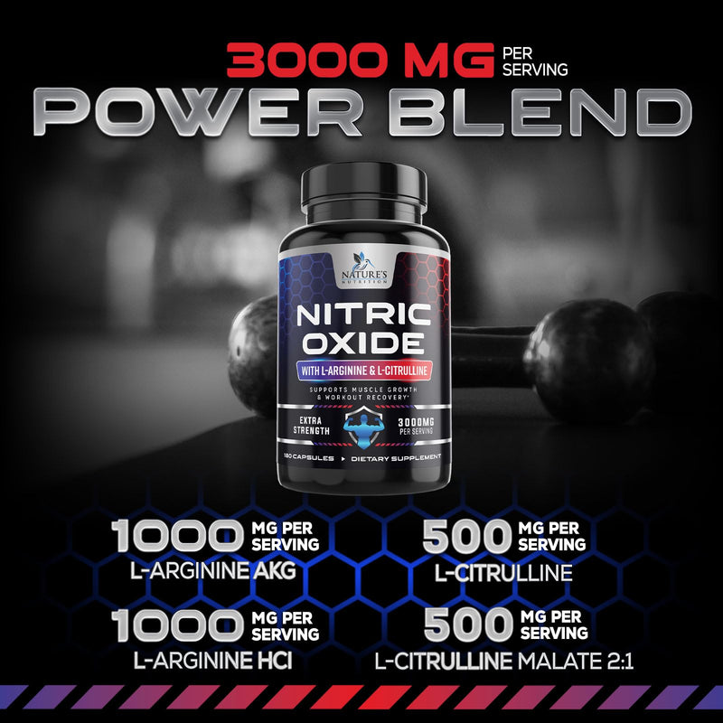 Nitric Oxide Booster Extra Strength - 3X Strength L-Arginine & Citrulline Supplement - Best Nitric Oxide Supplements for Men - Supports Muscle, Heart Health, Energy - Bottled in USA - 180 Capsules 180 Count (Pack of 1)