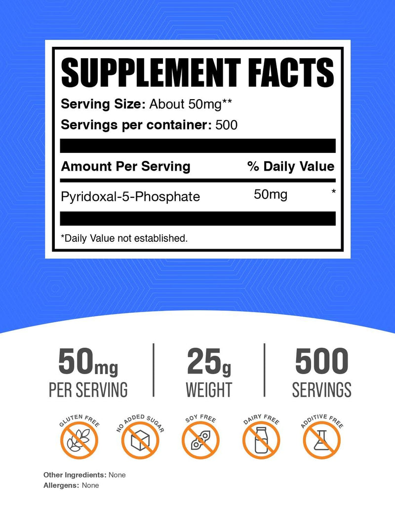 BulkSupplements.com Pyridoxal 5 Phosphate Powder - P-5-P Vitamin B6 Supplement, P-5-P 50mg - P5P Supplement, Gluten Free, 50mg of per Serving, 25g (0.88 oz) (Pack of 1) 0.88 Ounce (Pack of 1)