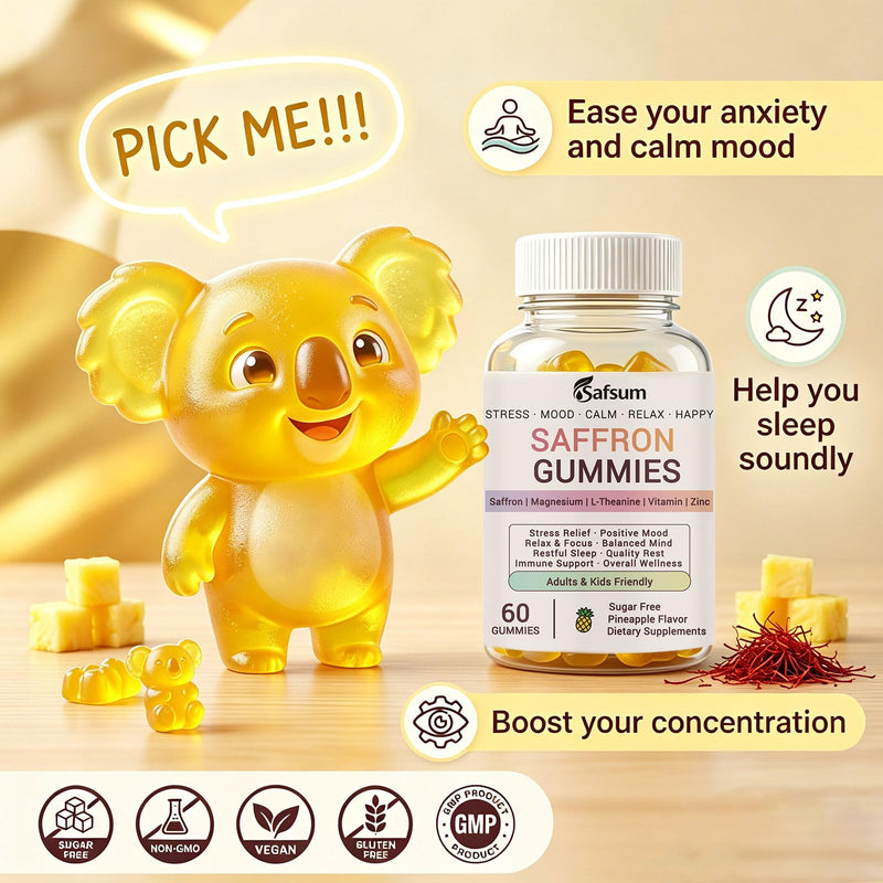 Saffron Gummies with Magnesium, L-Theanine, Vitamins - Happy Gummies for Stress Relief & Mood Support Saffron Supplements for Adults & Kids, Sugar Free Pineapple Flavor, 60 Gummies