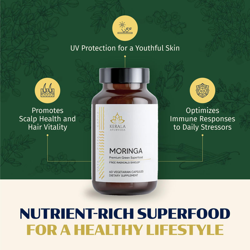 Kerala Ayurveda Moringa 450 mg Leaf Extract - 60 Veg Capsules | Powerful Antioxidants & Essential Vitamins for Immune Support, Skin Health & Gut Health | Herbal Supplements | Prop 65 Compliant
