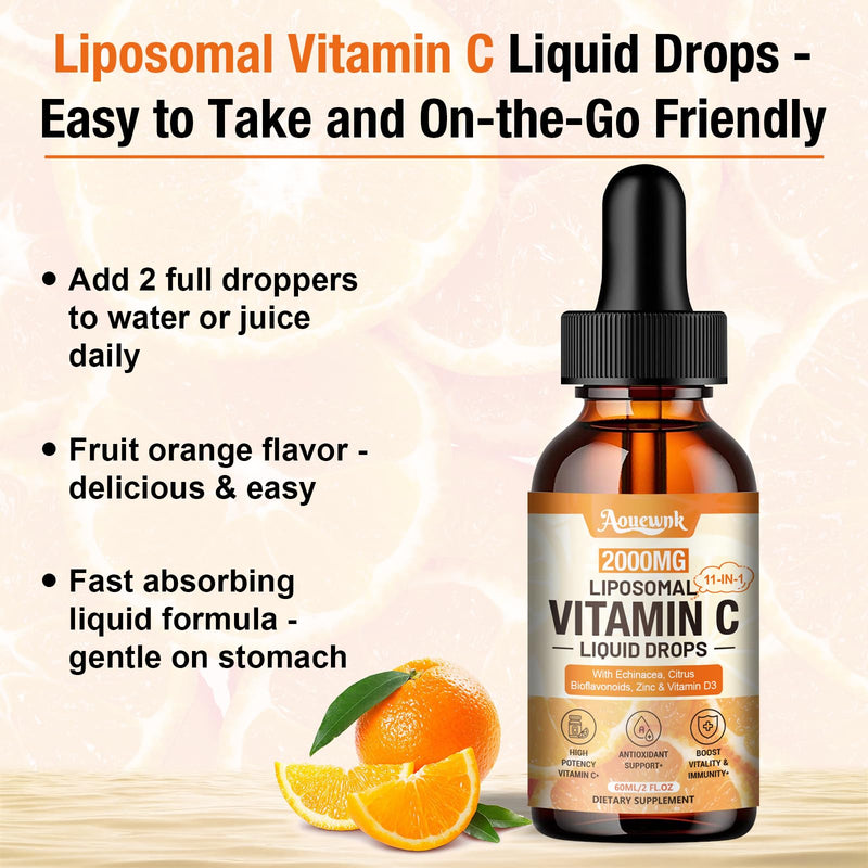2 Packs Liquid Vitamin C Drops 2000mg, 11-in-1 Liposomal Vitamin C Complex | Support Antioxidant, Skin & Immunity| for Women & Men| with Rose Hips, Echinacea, Citrus Bioflavonoids, Zinc & Vitamin D3 2 Fl Oz (Pack of 2)
