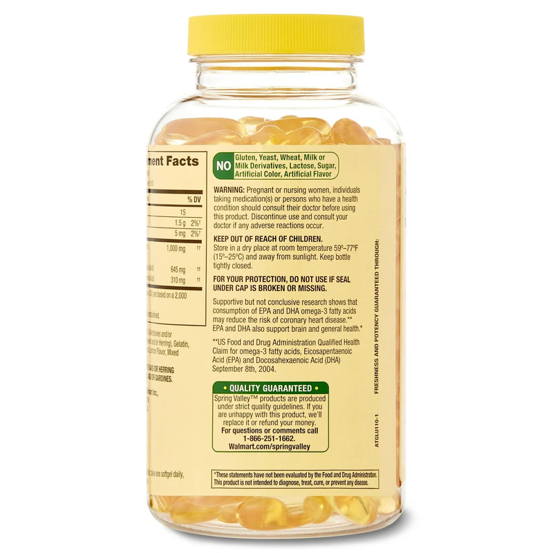 Spring Valley Omega-3 1000 mg from Fish Oil, Heart, Brain Health, Lemon,180 Softgels