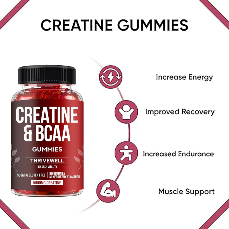 Creatine MAX 90 Chewable Vegan Gummies - 5000mg Creatine Monohydrate, 1000mg BCAAs per Serving - Sugar Free Mixed Berry Flavour - BeesActive Australia