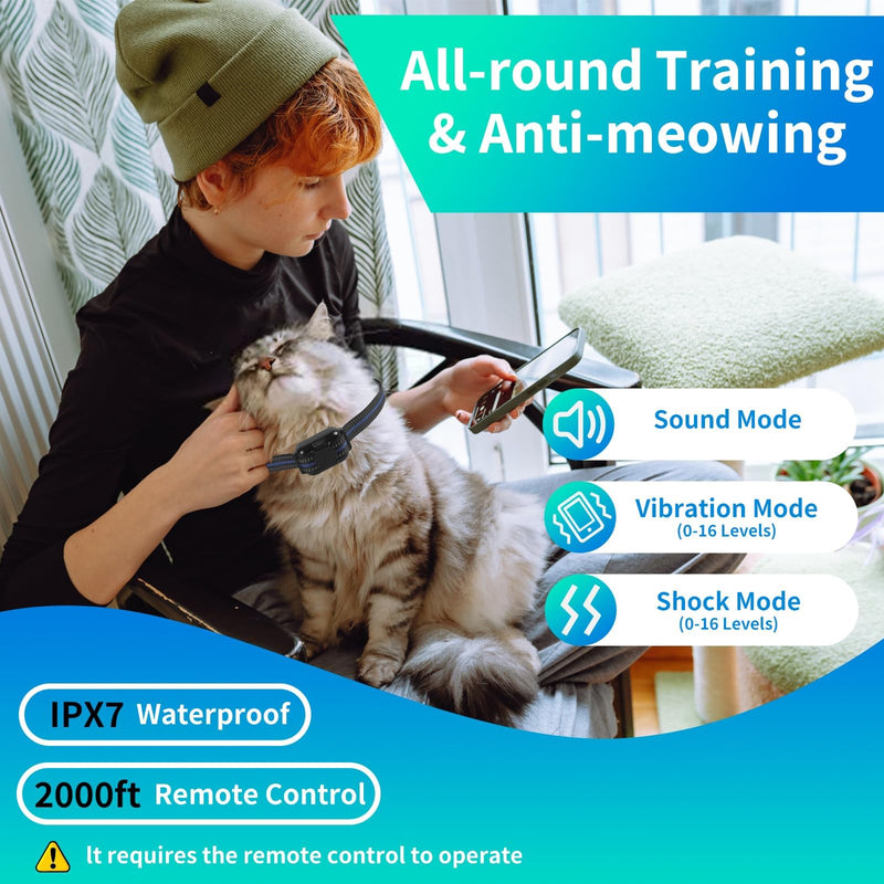 Cat Shock Collar with Remote, Lightest Cat Training Collar with Shock, Vibration, Beep 3 Modes to Stop Meowing, Waterproof, Rechargeable, 2000ft Range (Black) Back - BeesActive Australia
