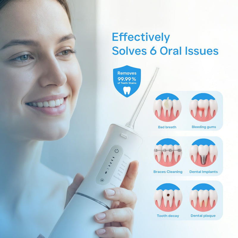 Water Flosser Cordless Oral Irrigator 300ML Detachable Water Tank Rechargeable Electric Dental Flosser 5 Modes Waterproof Teeth Cleaner Teeth Pick Portable for Braces & Sensitive Gums Travel – White