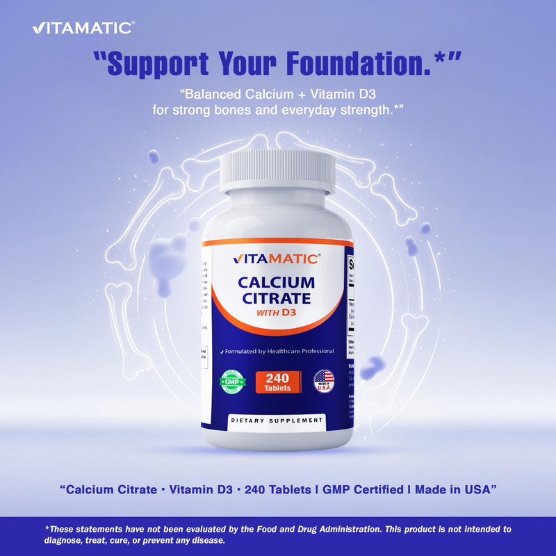 Vitamatic Calcium Citrate with Vitamin D3 – 240 Tablets – High Absorption Calcium Citrate with D3 – Non-GMO, Gluten-Free 240 Count (Pack of 1)