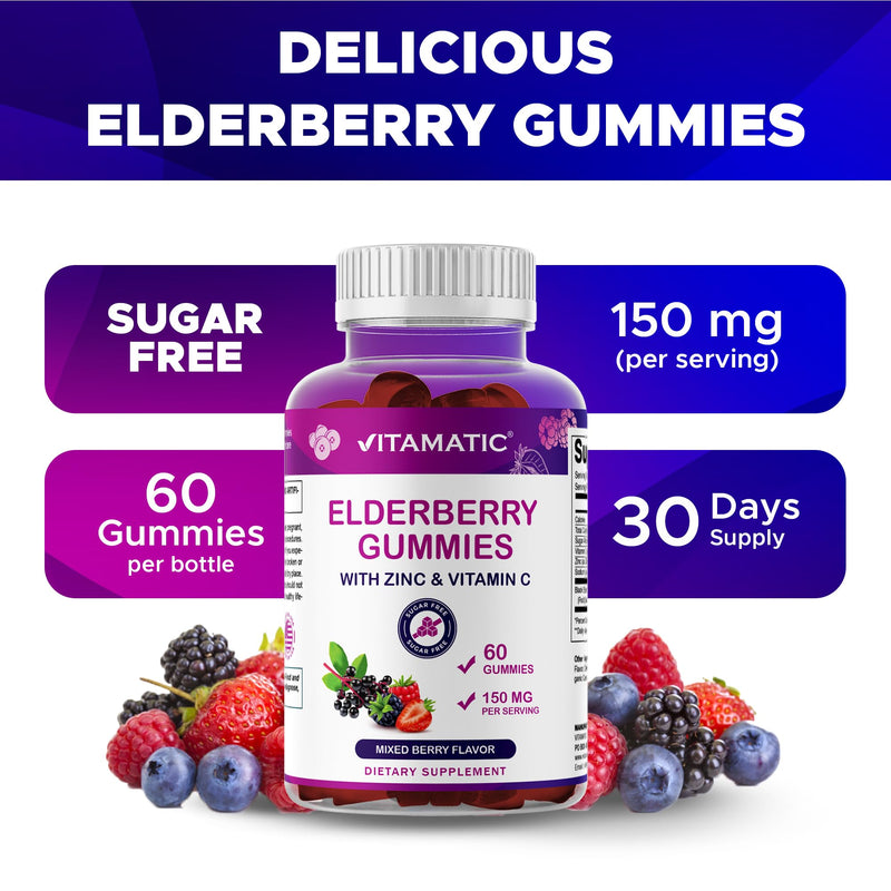 Vitamatic Elderberry Gummies with Vitamin C & Zinc – Immune Support Supplement – Mixed Berry Flavor– 60 Gummies – Made in The USA, Vegan, Non-GMO, Gluten-Free - 2 Pack