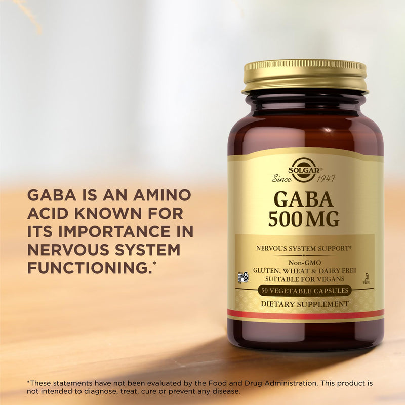 Solgar GABA 500 mg, 50 Vegetable Capsules - Relaxation & Nervous System Support - Amino Acid - Non-GMO, Vegan, Gluten Free, Dairy Free, Kosher - 50 Servings | Neurotransmitter that promotes relaxation and mental calm · Helps to fall asleep