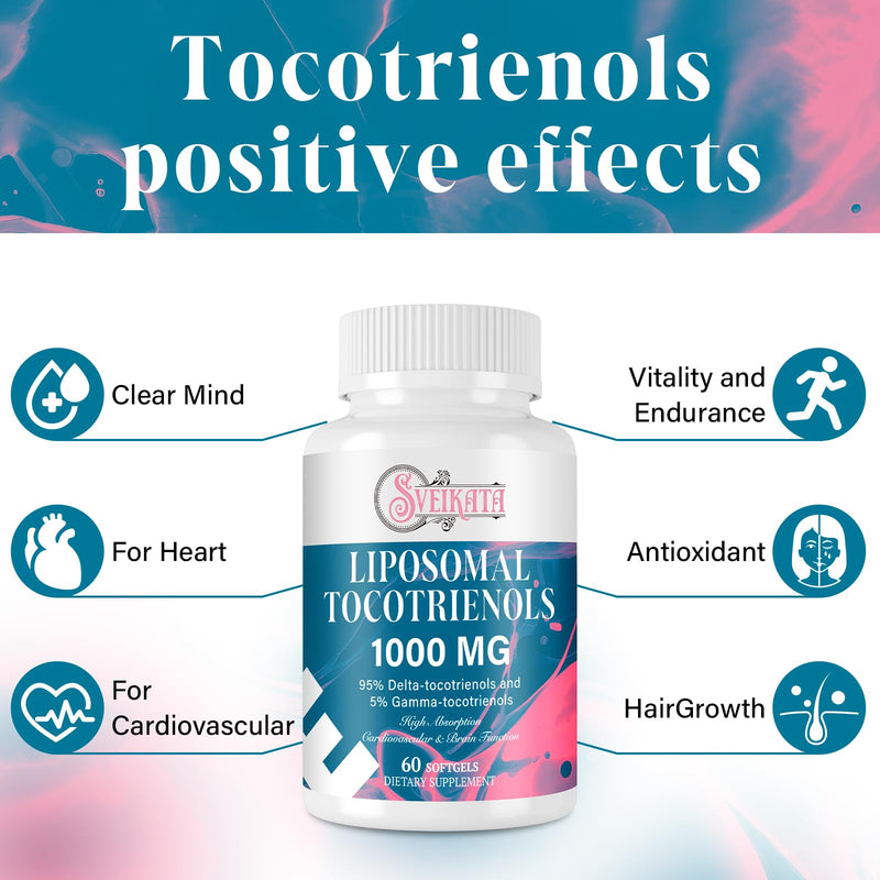 Liposomal Tocotrienols Supplement 1000mg, Vitamin E, 95% Delta-tocotrienols and 5% Gamma-tocotrienols, Hligh Absorption Heart, Vascular & Brain Function, Non-GMO, 60 softgels 60 Count (Pack of 1) - BeesActive Australia
