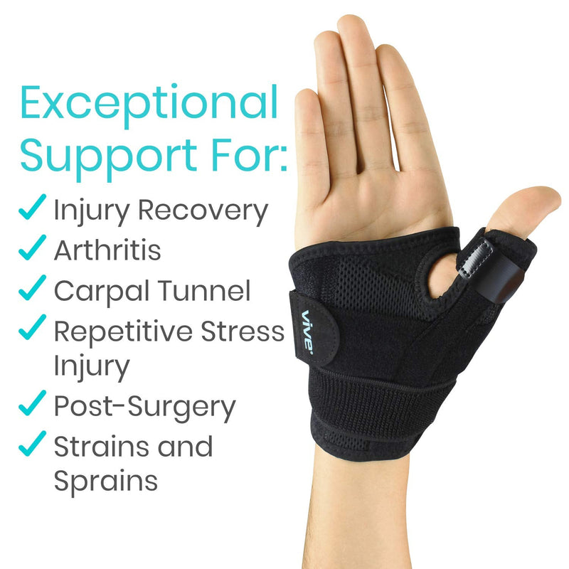 Vive Thumb & Wrist Brace for Right or Left Hand - Spica Splint Brace for Carpal Tunnel, Tendonitis, & Arthritis in Hands or Fingers - Compression Support for Women Men - Stabilizer Relief for Bowling Black Small