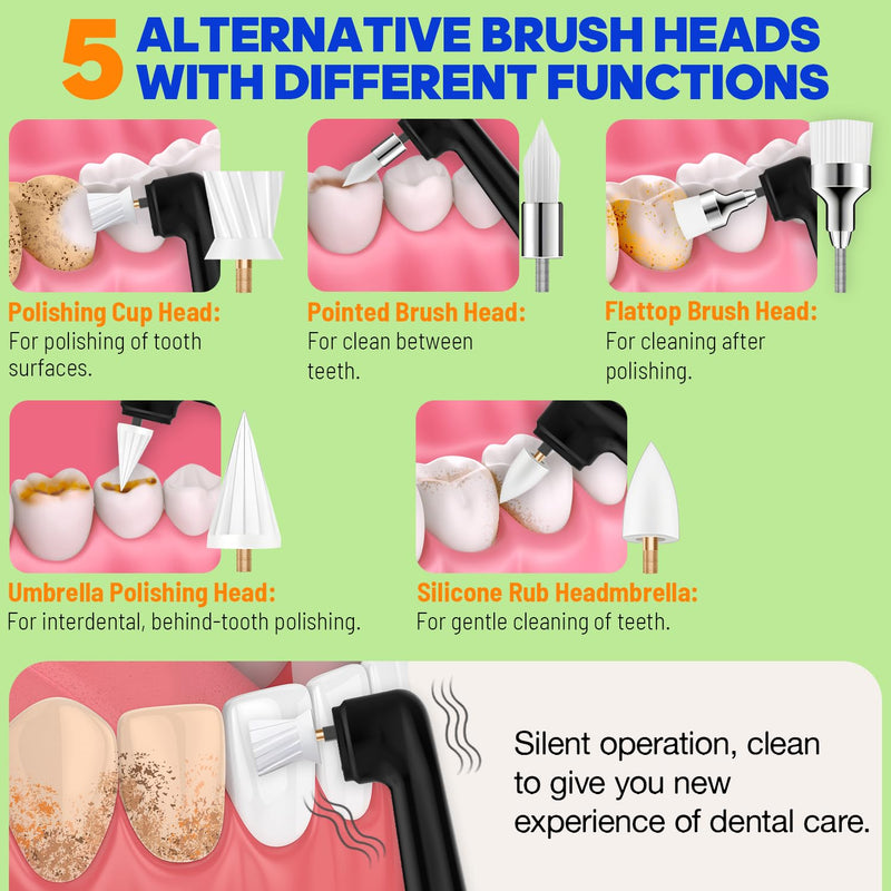 Tooth Polisher, RRZIOM Rechargeable Teeth Polisher for Teeth Whitening and Cleaning Kit, Waterproof Tooth Polish Dental Tools with LED Light, 5 Brush Heads, 5 Speed Modes, Tooth Polishing Kit Black-1 - BeesActive Australia