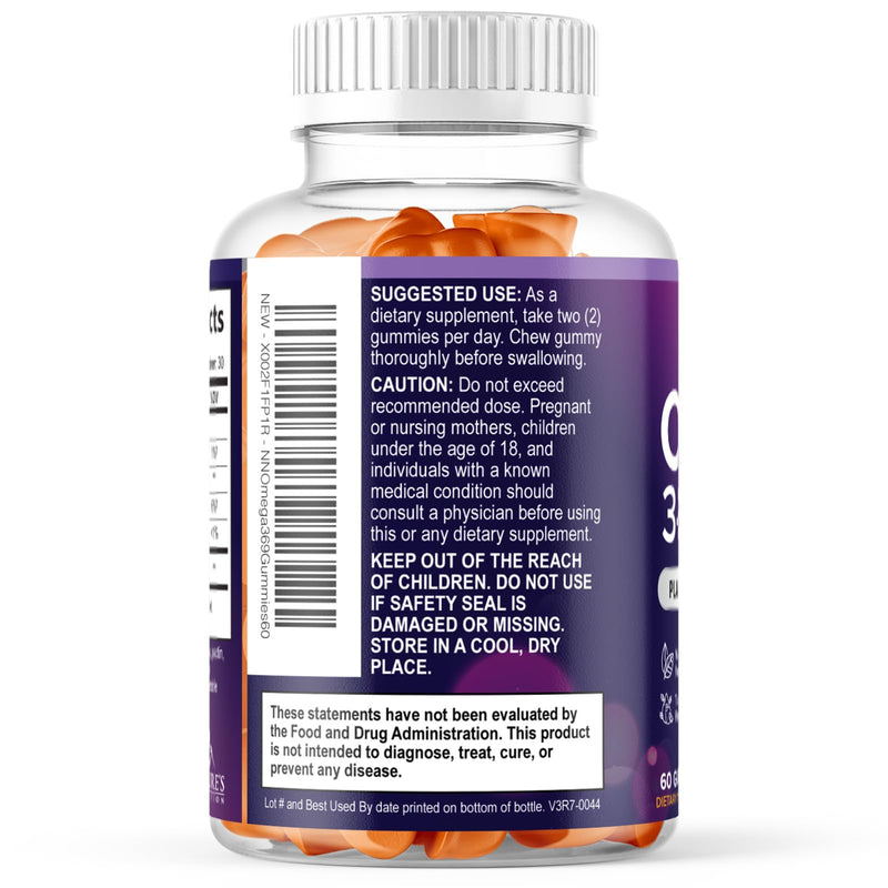 Omega 3 6 9 Gummies - Vegan Omega 3 Supplement Gummy - Essential Fatty Acids Oil 369 Complex Heart Support & Brain Support for Women, Men & Pregnancy, Fish Free Non-GMO, Orange Flavored - 60 Gummies 60 Count (Pack of 1)