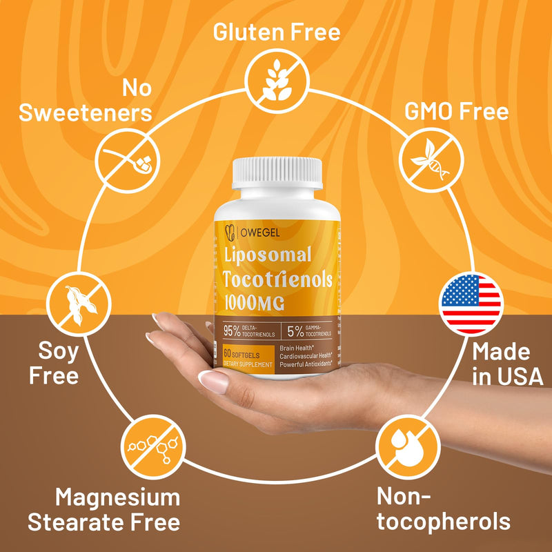 Liposomal Tocotrienols 1000mg - High Bioavailability Vitamin E Tocotrienols Supplements,95% Delta & 5% Gamma Tocotrienol Capsules Support Cardiovascular,Skin,Bone,Antioxidant,60 Softgels 60 Count (Pack of 1) - BeesActive Australia