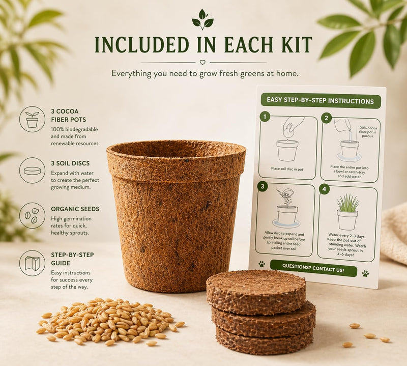 Cat Grass Kit for Indoor Cats - Organic Cat Grass Growing Kit (3 Pack) with Soil Discs, Coco Fiber Pots & Organic Seeds - Natural Hairball Control & Digestion Remedy