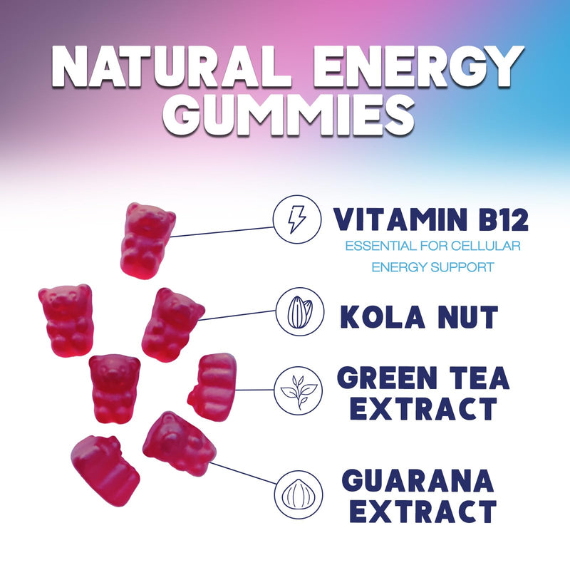 Energy Gummies - Vitamin B12 1000 mcg Per Serving - Daily Energy Chews with Natural Caffeine from Green Tea, Berry Flavored B12 Gummy Exercise Supplement for Running Cycling & Sports - 120 Gummies 120 Count (Pack of 1)