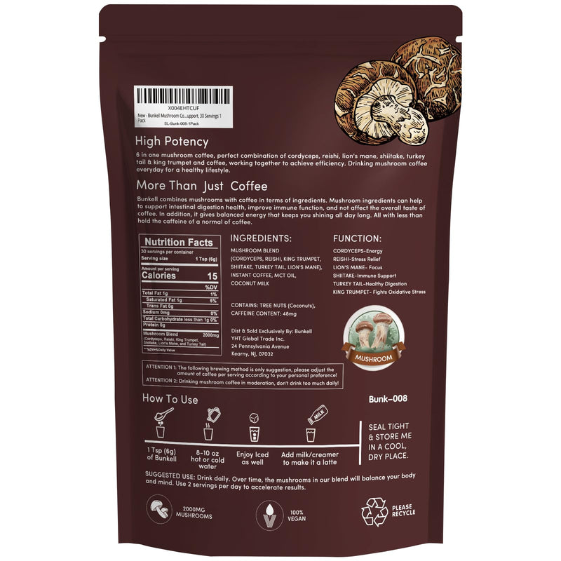Mushroom Coffee, Adaptogenic 6 Mushrooms with Lion's Mane, Reishi, Cordyceps, Shiitake, King Trumpet & Turkey Tail, Instant Coffee Powder for Energy, Digestion & Immune Support, 30 Servings 6.35 Ounce (Pack of 1)