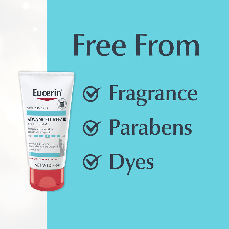 Eucerin Advanced Repair Hand Cream, Immediately Soothes and Repairs Very Dry Skin, Fragrance Free, Non Greasy, Fast Absorbing, Travel Size Hand Lotion, 2.7 Oz Tube, Pack of 3 2.7 Ounce (Pack of 3)