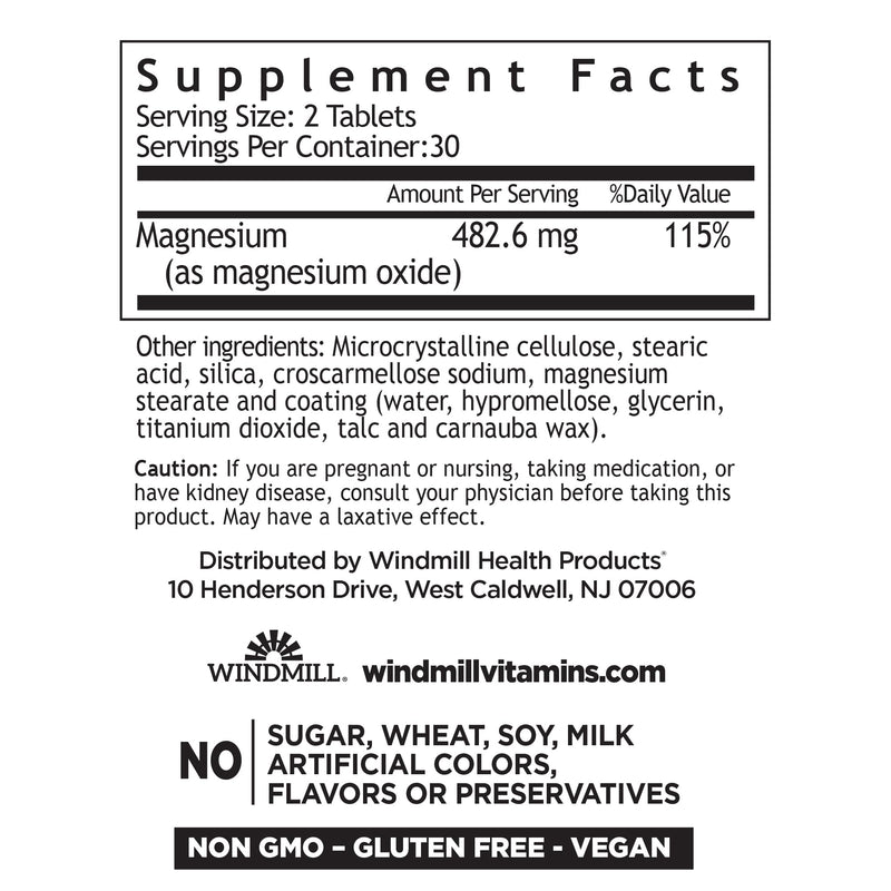 Windmill Natural Vitamins Magnesium Oxide 400 mg, Immune Support, Supports Muscle Recovery, Supports Healthy Heart, 60 Count, 30 Servings