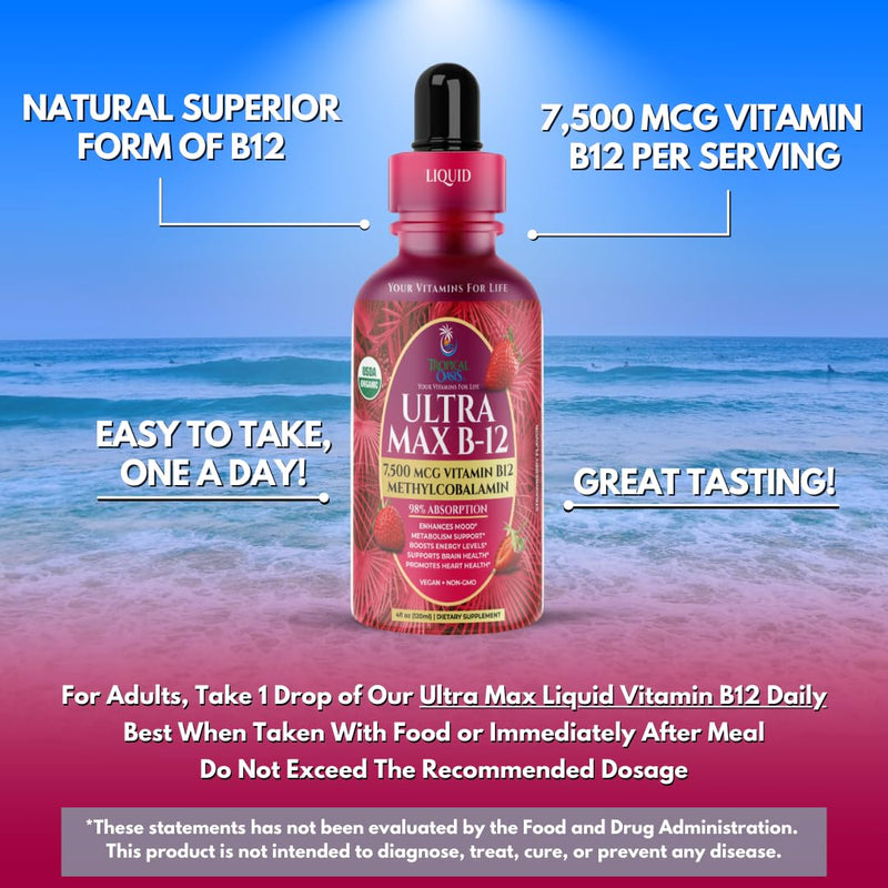 ULTRA MAX B12 | Max Potency 5000mcg Vitamin B12 Sublingual Liquid Drops | Methyl B12 (Methylcobalamin) | Max 98% Absorption Rate | Increase Energy & Metabolism*| Vegan, Non-GMO, Strawberry flavor -4oz
