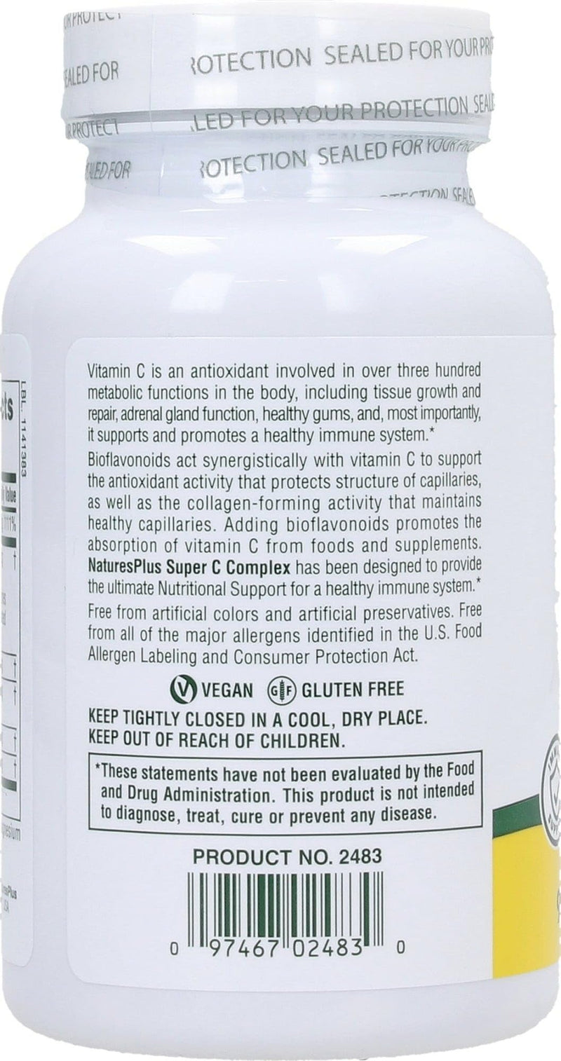 NaturesPlus Super C Complex - 90 Capsules - 1000 mg Vitamin C + 500 mg Bioflavonoids - Vegetarian, Gluten Free - 45 Servings 90 Count (Pack of 1)