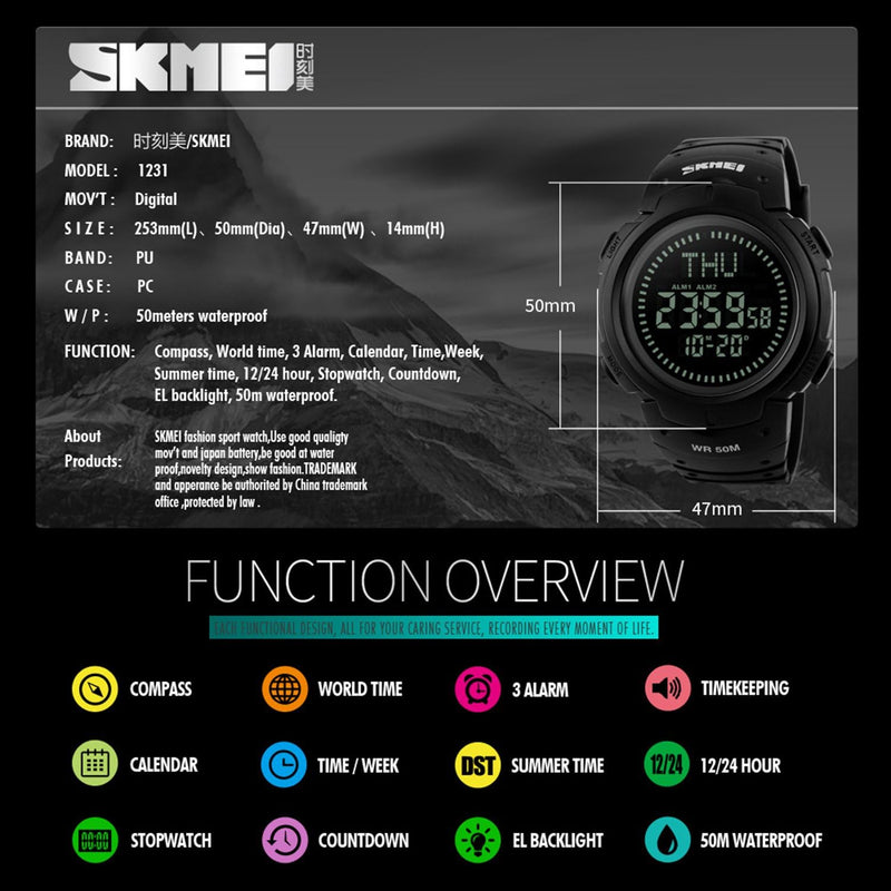Men’s Military Sports Digital Watch with Survival Compass 50M Waterproof Countdown 3 Alarm Stopwatch Black