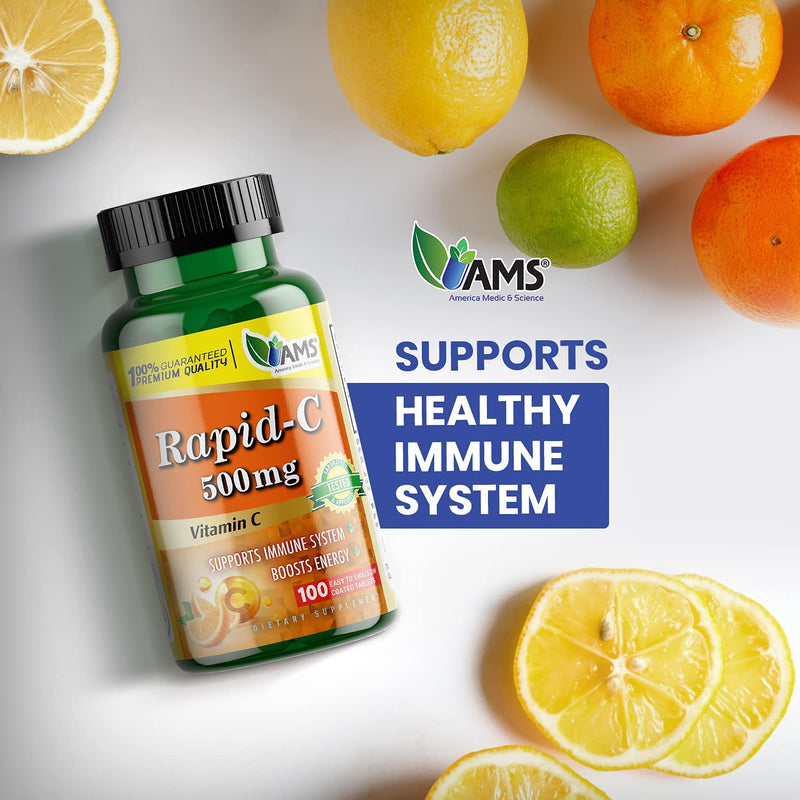 America Medic & Science Rapid-C 500mg Vitamin C Supplement (3 Pack of 100 Tablets) Energy Booster, Daily Immune System Support, Antioxidant | Vegan, Non-GMO Coated Ascorbic Acid for Adult Men & Women 100 Count (Pack of 3)
