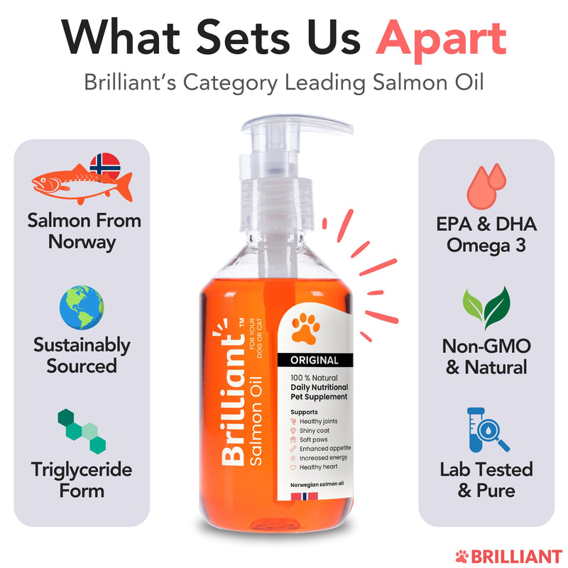 Brilliant Norwegian Salmon Oil for Dogs, Cats, Horse, Ferret - Pure Omega 3, 6 & 9 Fish Oil Food Treats Supplement for Natural Coat, Immune Support, Itchy Skin, Joint & Brain Health - 2x300ml 300 ml (Pack of 2)