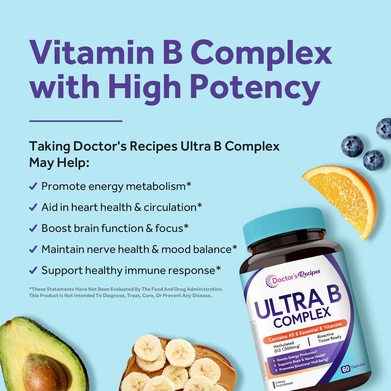 Doctor's Recipes Ultra B Complex Vitamins for Women and Men, with Methylated B12 1000mcg, B6, B1, Folic Acid, for Energy Metabolism, Nerve & Mood Support, Vegan, 60 Capsules, 30 Day Supply