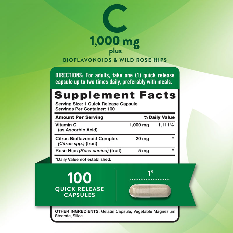 Nature's Truth Vitamin C 1000mg | 100 Capsules | with Wild Rose Hips & Bioflavonoids | Non-GMO & Gluten Free Supplement | with Wild Rose Hips & Bioflavonoids | Non-GMO & Gluten Free Supplement