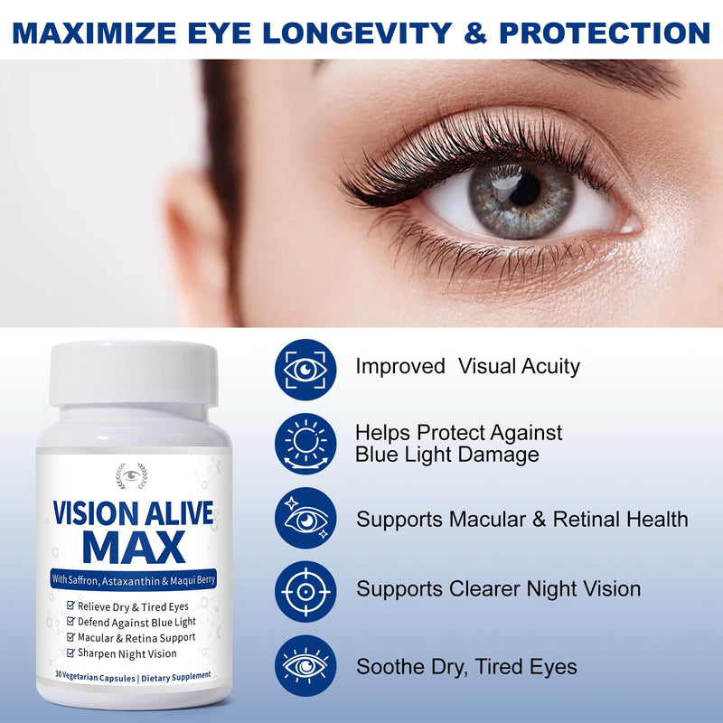 Eye Health Supplement with 8 Natural Ingredients - Bilberries, Blueberries, Saffron, Astaxanthin, Lutein - Supports Vision Health - 60 Veggie Capsules