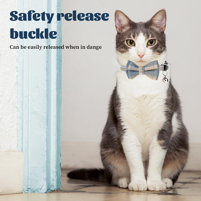 2 PCS Bow Tie Cat Collar with Bells Cat Collar Breakaway Cute Bowtie Plaid Cat Collar with Cat Buckle Soft Adjustable Kitten Accessories for Indoor Cats Puppy and Small Pets Blue and White Plaid - BeesActive Australia