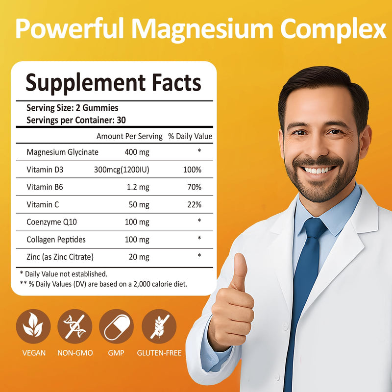 Magnesium Glycinate Gummies 400mg - Sugar Free Vegan Gummies for Adults & Kids with Vitamin D3, B6, C, CoQ10, Collagen, Zinc - Sleep, Muscle, Bone & Memory Support - 60 Pineapple Chewables 60 Count (Pack of 1)