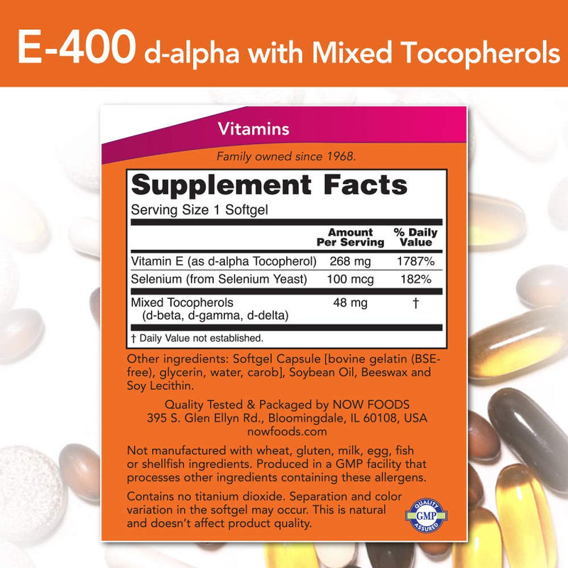 NOW Supplements, Vitamin E-400 IU, Mixed Tocopherols, Antioxidant Protection*, 100 Softgels