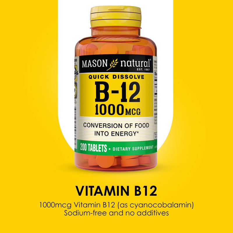 MASON NATURAL Vitamin B-12, 1000 mcg Quick Dissolve Tablets, 200 Day Supply | 1000mcg quick-dissolve vitamin B12 tablets to support normal energy, red blood cell production & nerve function 200 Count (Pack of 1)