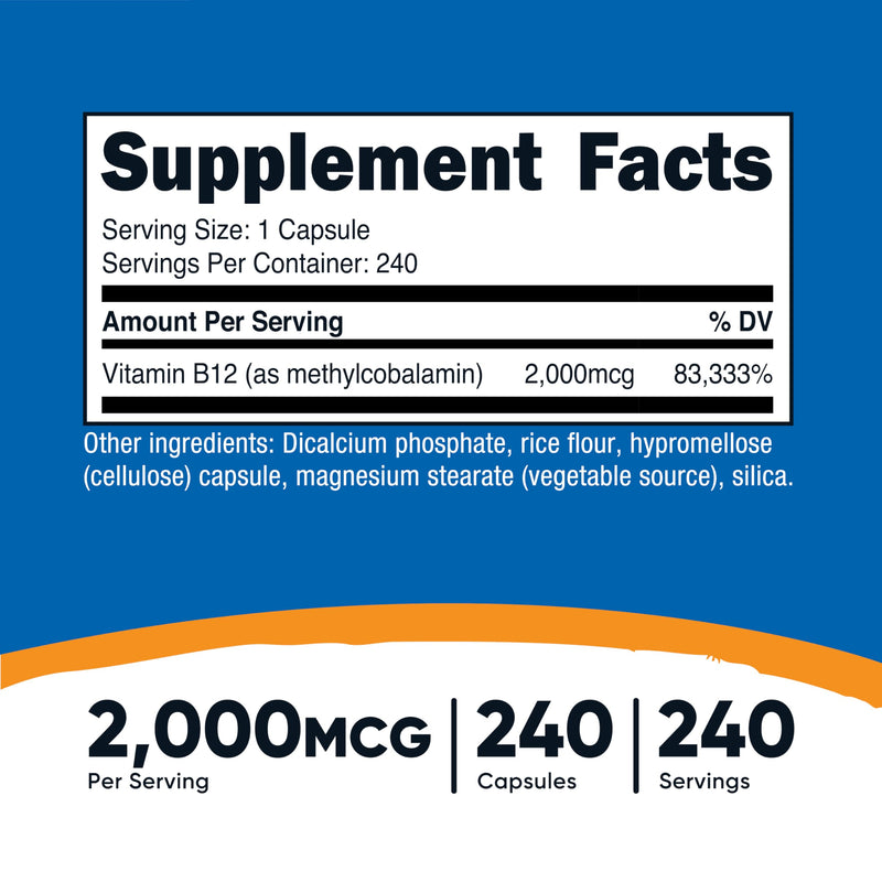 Nutricost Vitamin B12 (Methylcobalamin) 2000mcg, 240 Capsules - Vegetarian Caps, Non-GMO, Gluten Free B12 Supplement (Pack of 2) 240 Count (Pack of 2)