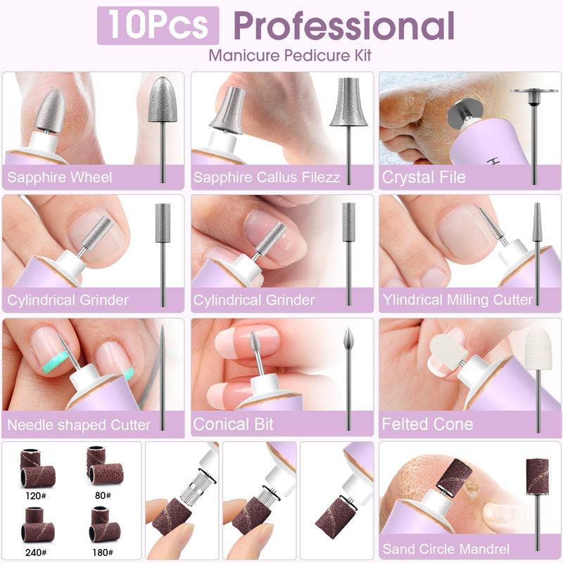 Professional Manicure Pedicure Kit with 360° LED Light&10 Speeds&Memory Mode, Cordless Electric Nail Drill, Pedicure Tools for feet,Hand Foot Care Nail File for Thick Nail Toenail Cuticle, with Case - BeesActive Australia