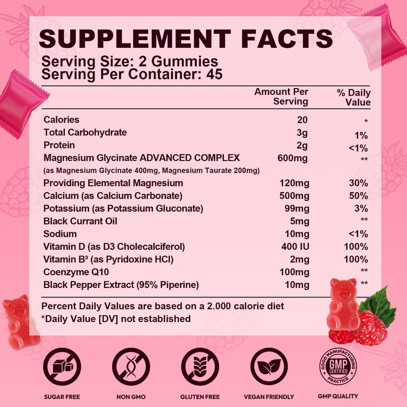 Magnesium Glycinate Gummies 600mg, High Absorption Magnesium Complex, Sugar Free Chewables Gummies with VitaminD & B6, CQ10 for Adults & Kids, Relaxation, Muscle & Zzz Support 90 Count (Pack of 1)