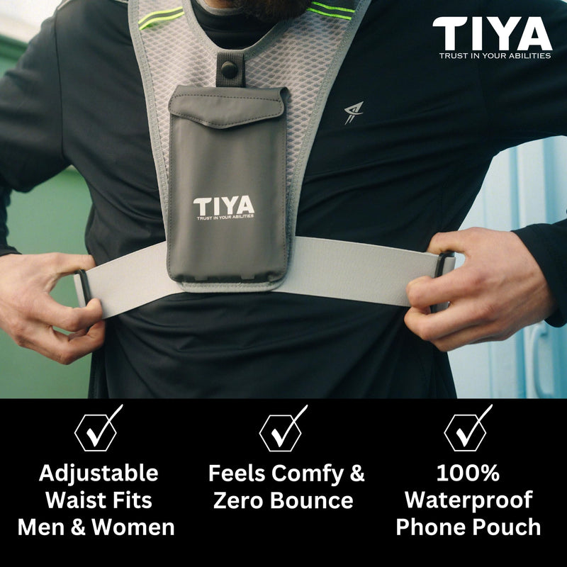 TIYA Reflective Running Vest with Waterproof Phone Holder, No-Bounce, Ultra-Light Run, Hike, Walking, Bike Vest Waistpack – Unisex Runners Accessory for Men & Women - Grey