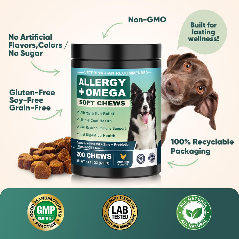 Dog Allergy Chews Omega 3 is Human,Itch Relief Multivitamin Medicine for Dogs Itching Skin Relief and Aller Immune Pet Allergy Dog Anti Itch Chews Coat Licking Supplements Pills Meds Medicine for Dogs Chicken