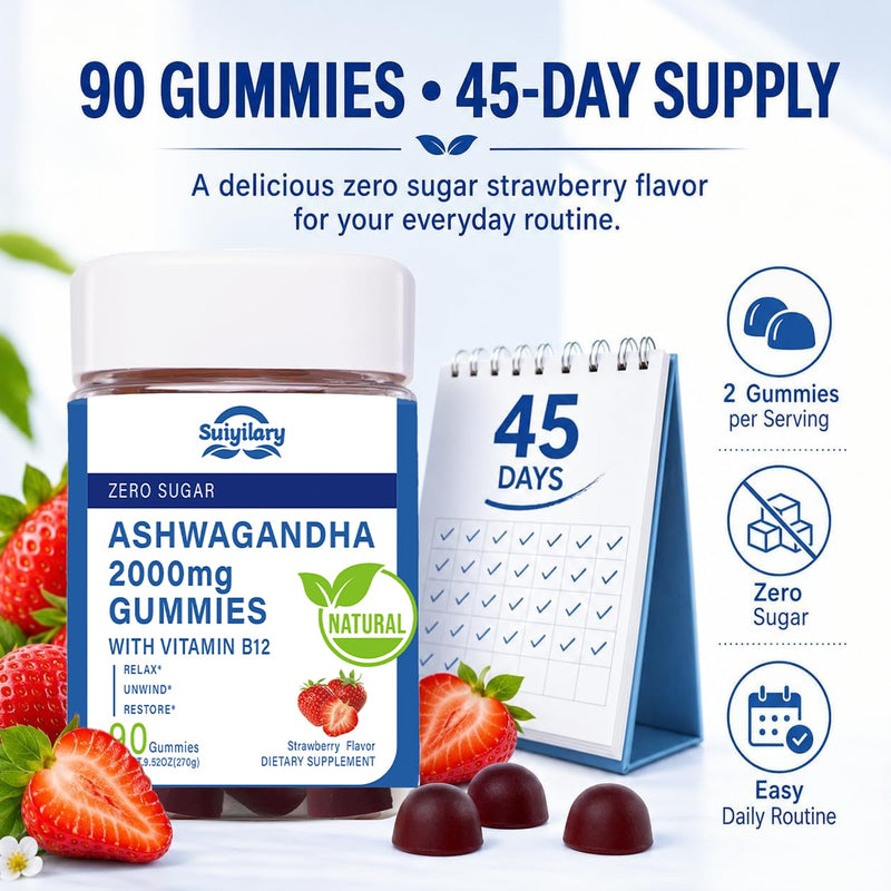 Suiyilary Ashwagandha Gummies 2000mg, Ashwagandha High Strength Root Extract Supplement with Vitamin B12 for Men Women, Strawberry Flavour 45 Days Supply 90 Gummies
