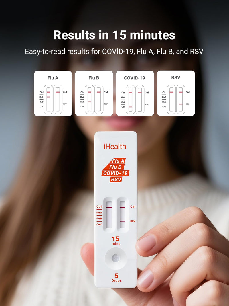 iHealth Flu A/B, COVID-19 & RSV 4-in-1 Antigen Rapid Test, Results in 15 Minutes, FDA Authorized OTC Home Test, Non-Invasive Nasal Swab, Easy to Use & No Discomfort (1 Pack, 2 Tests Total)