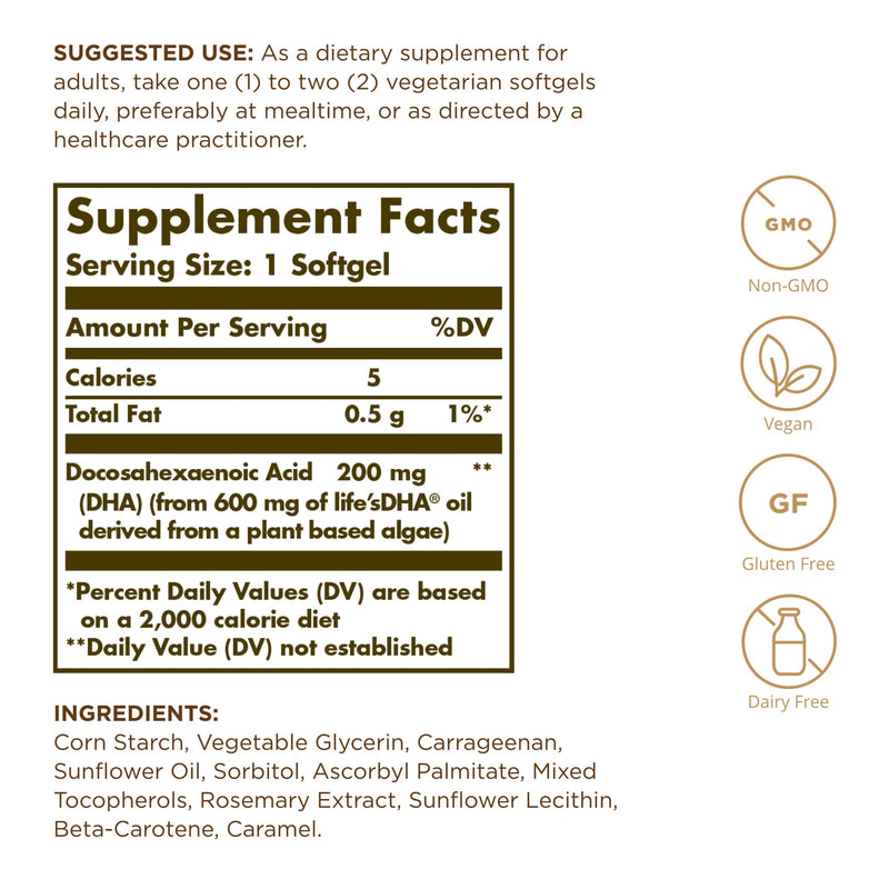 Solgar Vegetarian DHA 200 mg - 50 Vegetarian Softgels - Naturally Sourced Omega-3 - Vegan, Gluten Free, Dairy Free - 50 Servings - BeesActive Australia